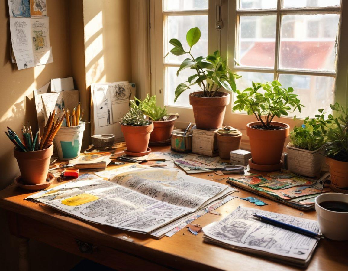 A serene writer's desk by a window, filled with crumpled papers and vibrant sketches, showcasing a reflection of a thoughtful man in deep concentration. Sunlight streaming in, illuminating the pages of an open journal filled with colorful doodles and creative ideas. A potted plant in the corner adds a touch of nature, symbolizing growth and inspiration. Art supplies scattered across the desk hint at the journey of creativity. warm tones. super-realistic. vibrant colors.